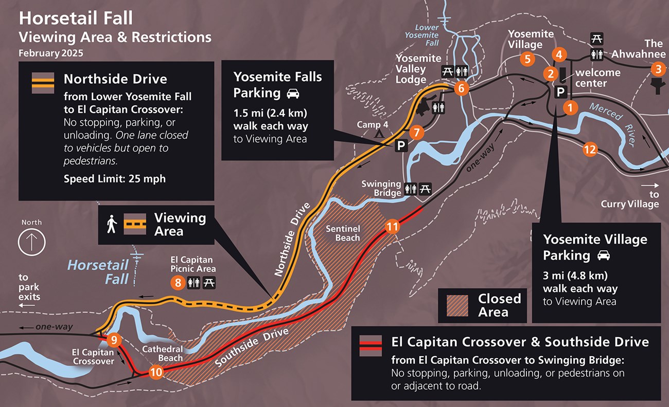 Map of the Horsetail Fall viewing area and restrictions on Northside Drive and Southside Drive