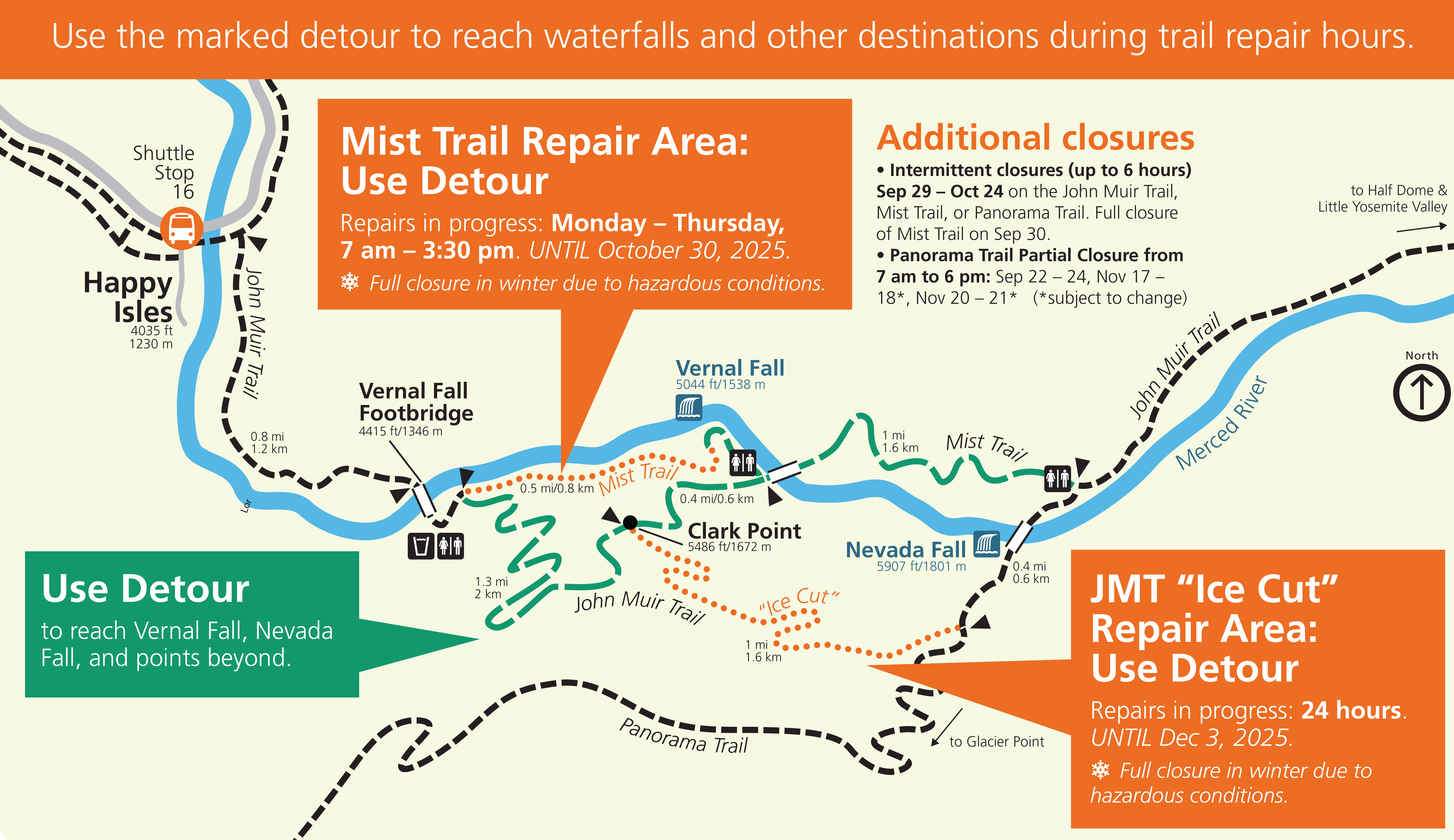 Map showing trail closures along the Mist Trail between the John Muir Trail junction to the top of Vernal Fall and between Clark Point and the Panorama Trail junction