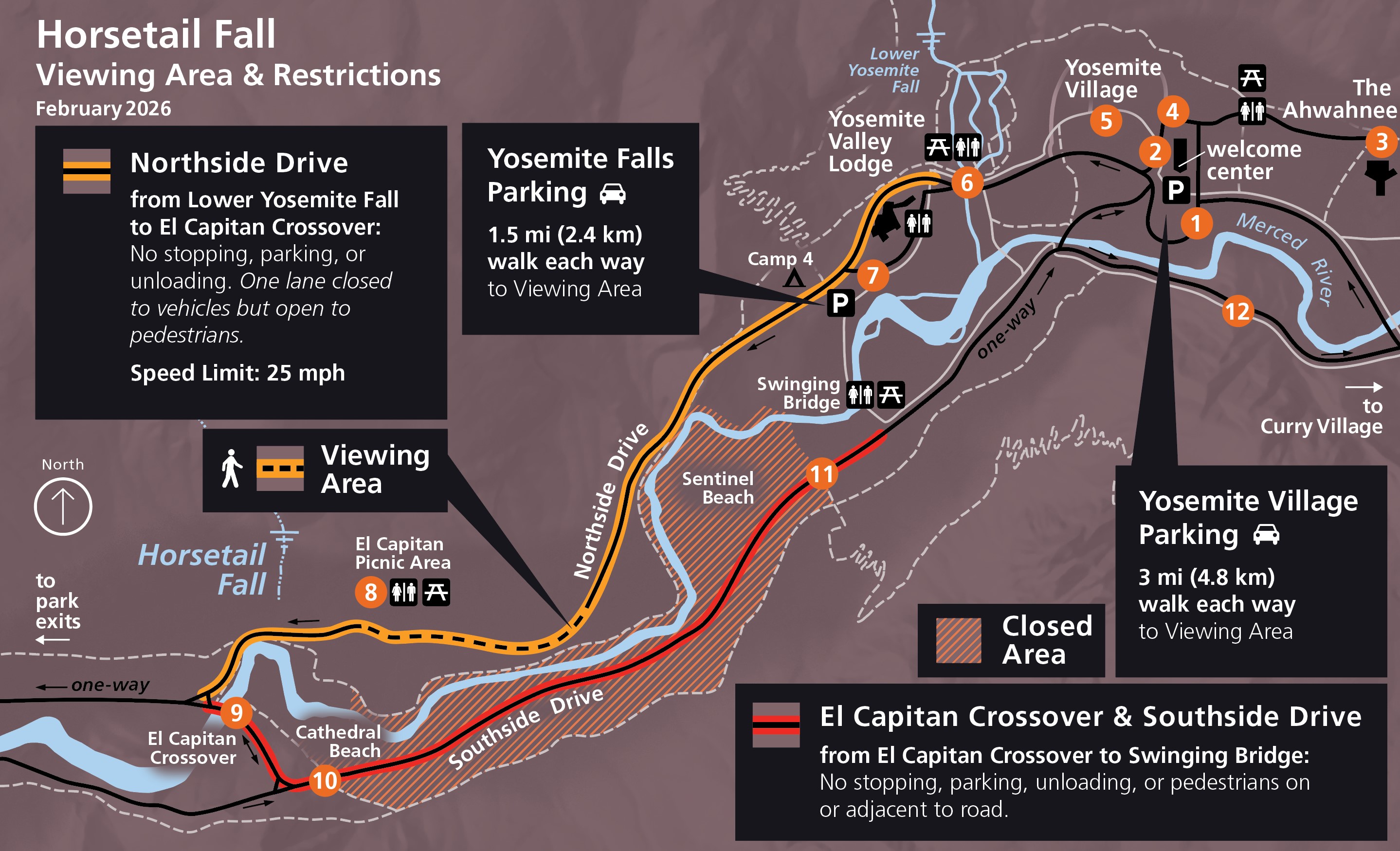National Park Service map showing Horsetail Falls Firefall viewing areas, walking routes, and parking locations in Yosemite National Park