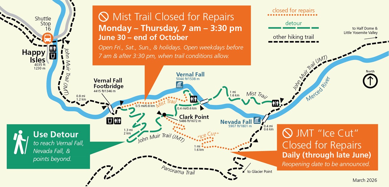 a simplified map showing temporary trail closures in the Vernal Fall-Nevada Fall corridor, with closures in dotted orange and a detour in dashed green