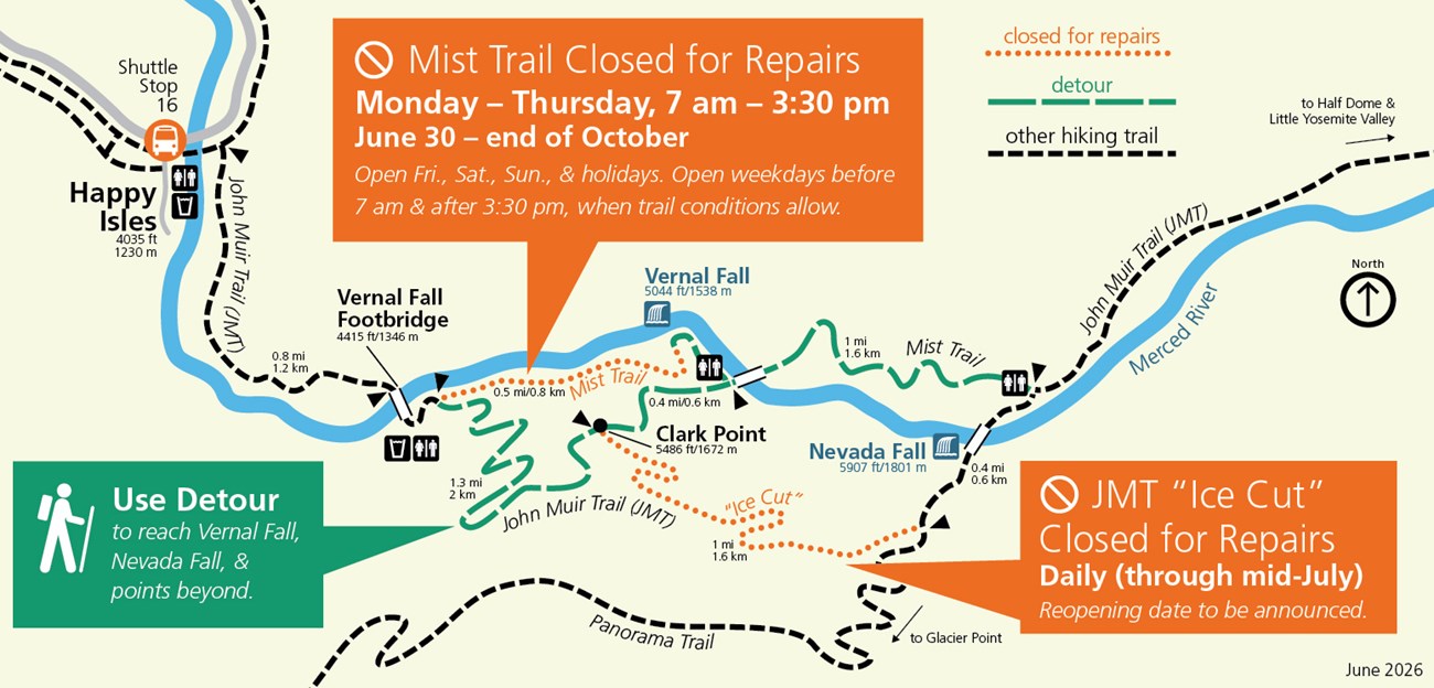 a simplified map showing temporary trail closures in the Vernal Fall-Nevada Fall corridor, with closures in dotted orange and a detour in dashed green
