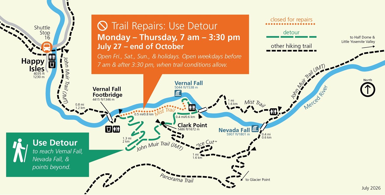 A simplified map shows the trail repair area and detour as described below.