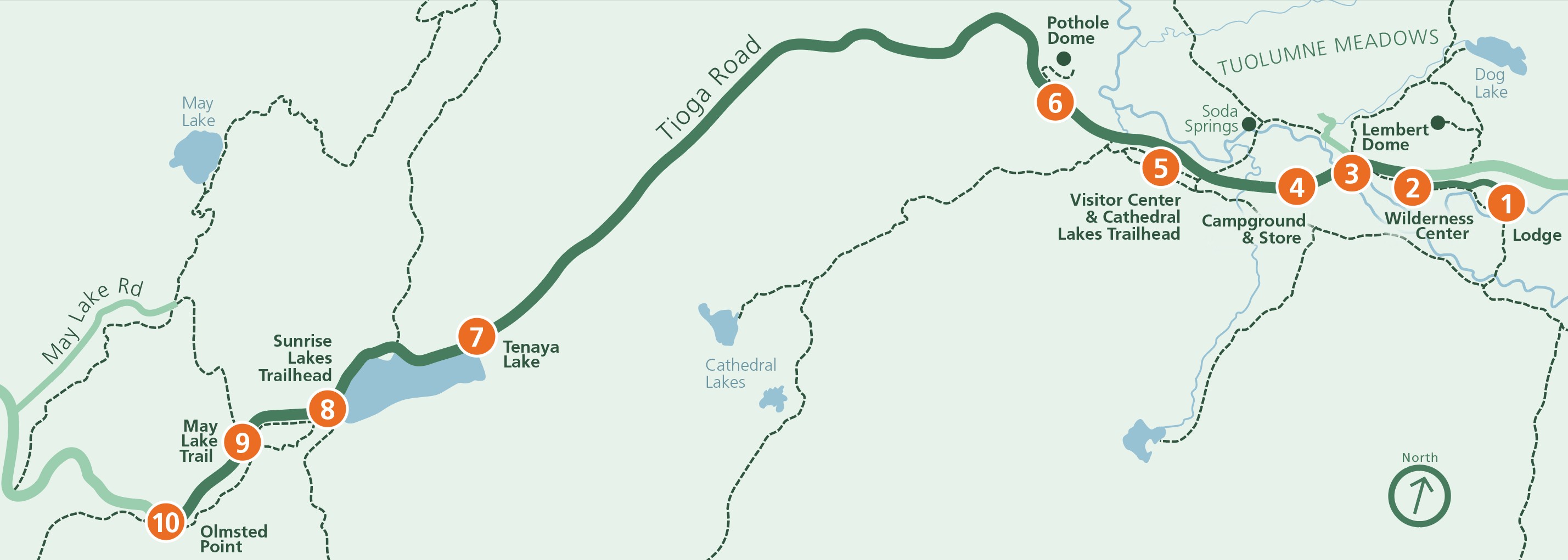 A map shows a stretch of Tioga Road between May Lake and Tuolumne Meadows, with ten shuttle stops along the way, as listed on the webpage. Shuttle stops run from 10 to the west end of the route to 1 on the east end.