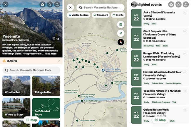a set of three screencaps of the app on a phone, showing the homepage, map, and calendar
