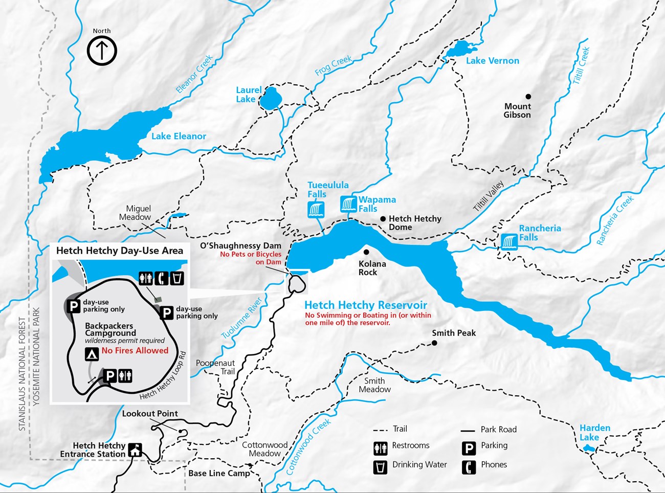 A map shows the Hetch Hetchy Reservoir and a number of hiking trails and waterfalls in the area.