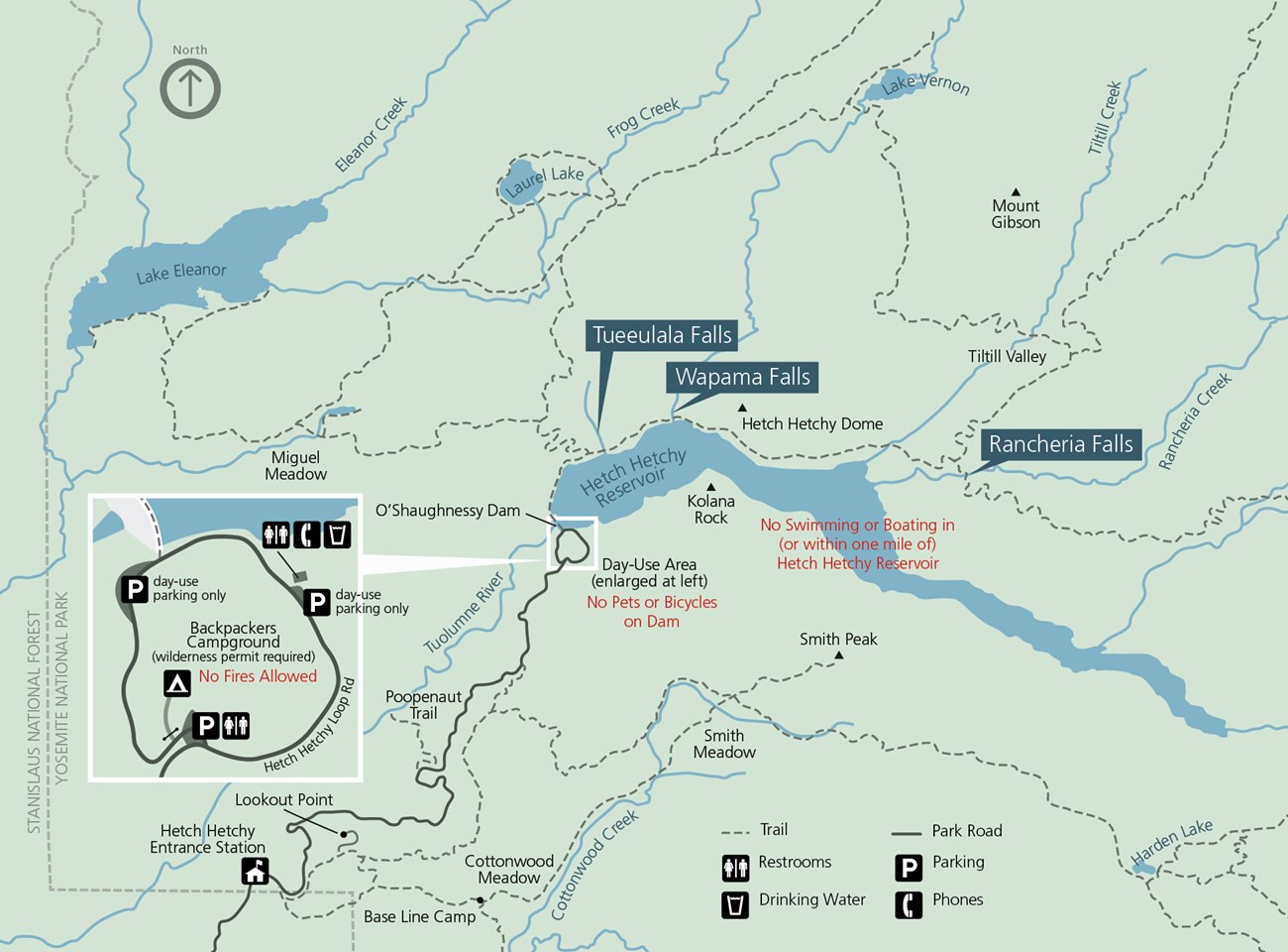 A map shows the Hetch Hetchy Reservoir and a number of hiking trails and waterfalls in the area.
