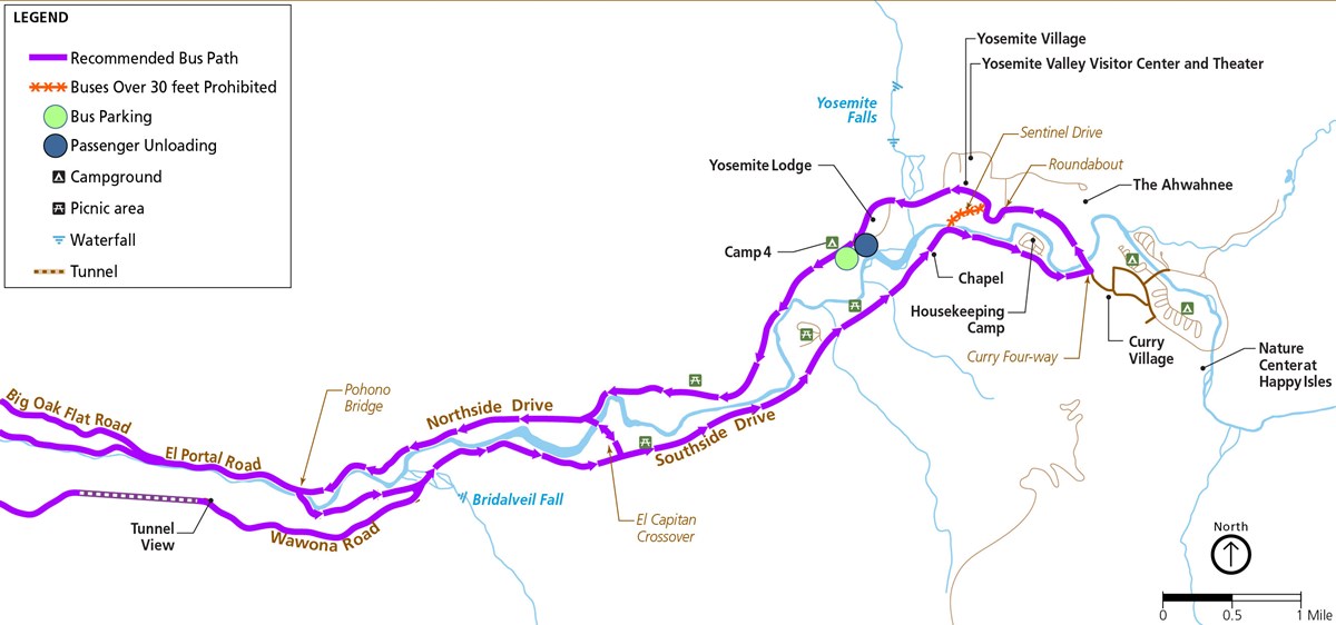Map showing new circulation in Yosemite Valley for large vehicles