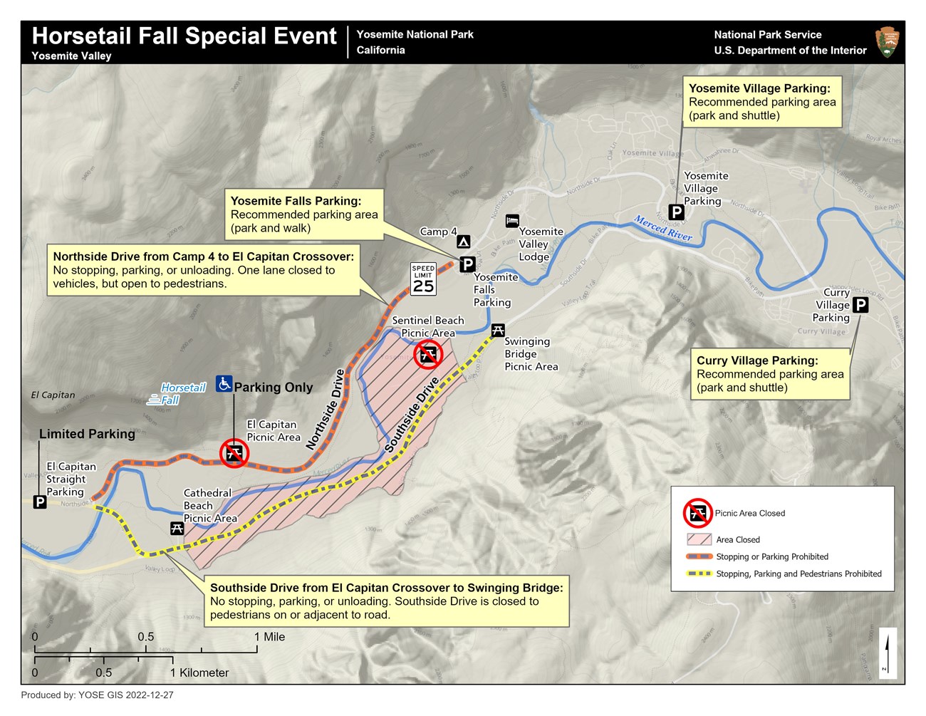 Map showing closed area between Southside Drive and Merced River from Cathedral Beach to Sentinel Beach