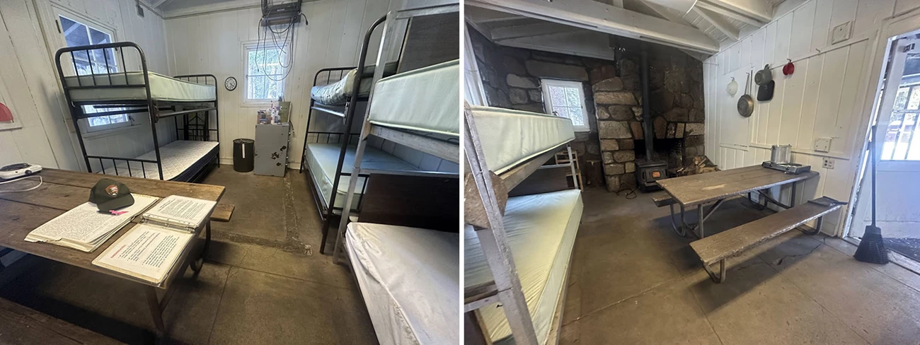 Tuolumne Ski Hut interior photos. Tuolumne Ski Hut interior photos with bunk beds and a picnic table.