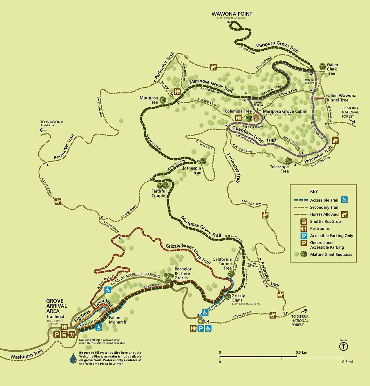 Color trail map of Mariposa Grove