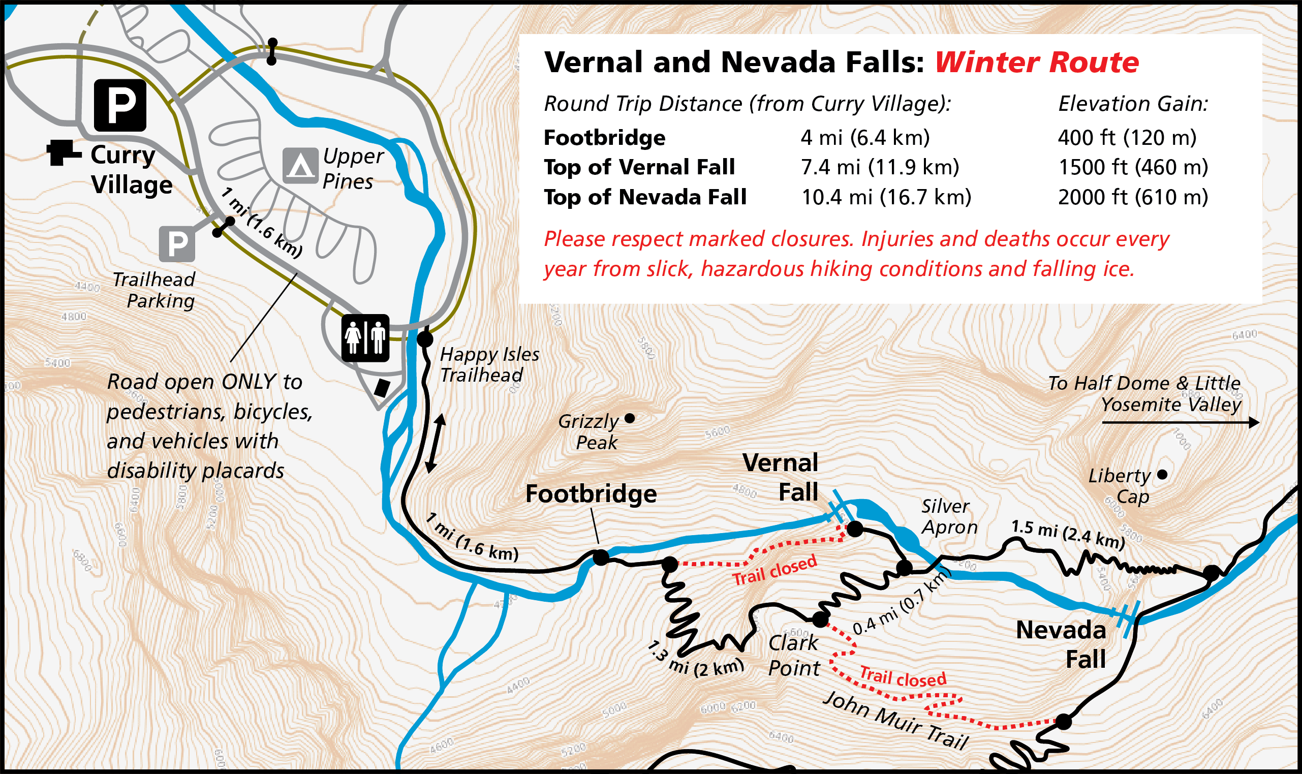 Map shows winter closures of Mist Trail and John Muir Trail.