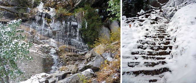 Large icicles and layers of slippery ice on the Mist Trail in winter