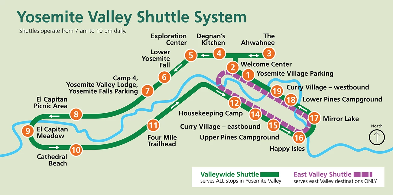 Yosemite Valley Shuttle System A simplified map shows the larger valleywide shuttle route serving stops 1-19, and the east valley route serving stops 1,2, and 12-19.