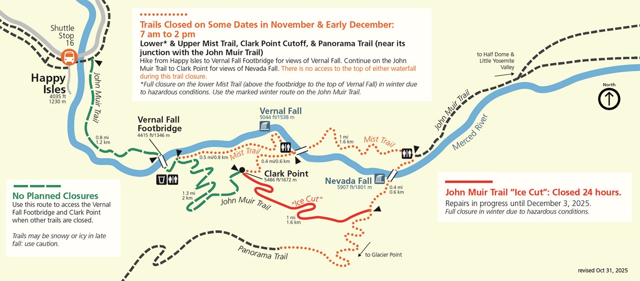 Map showing closures on the Mist Trail, John Muir Trail, Clark Point Cutoff, and Panorama Trail, as listed in the text above.