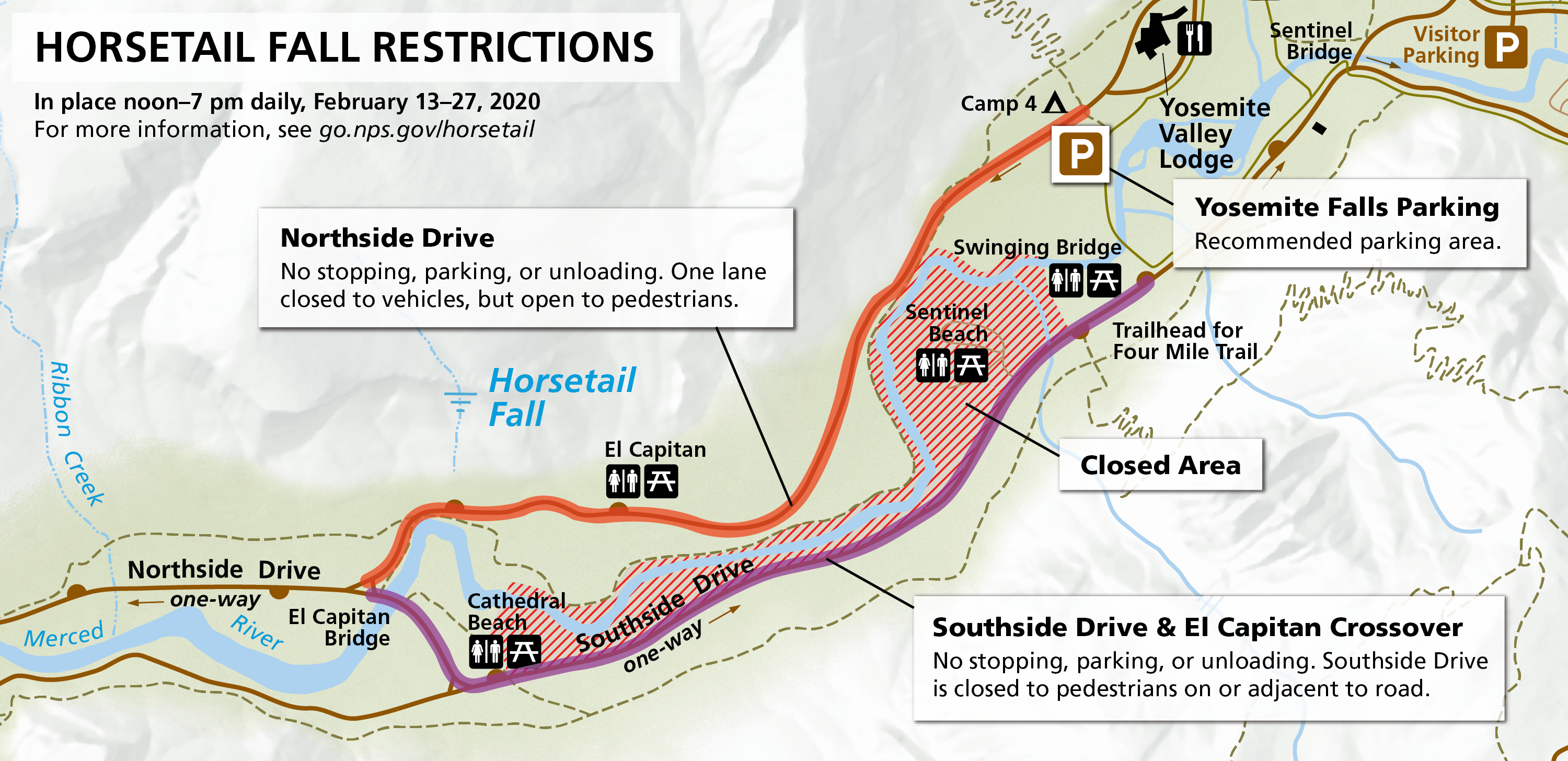 Map showing closed area between Southside Drive and Merced River from Cathedral Beach to Sentinel Beach