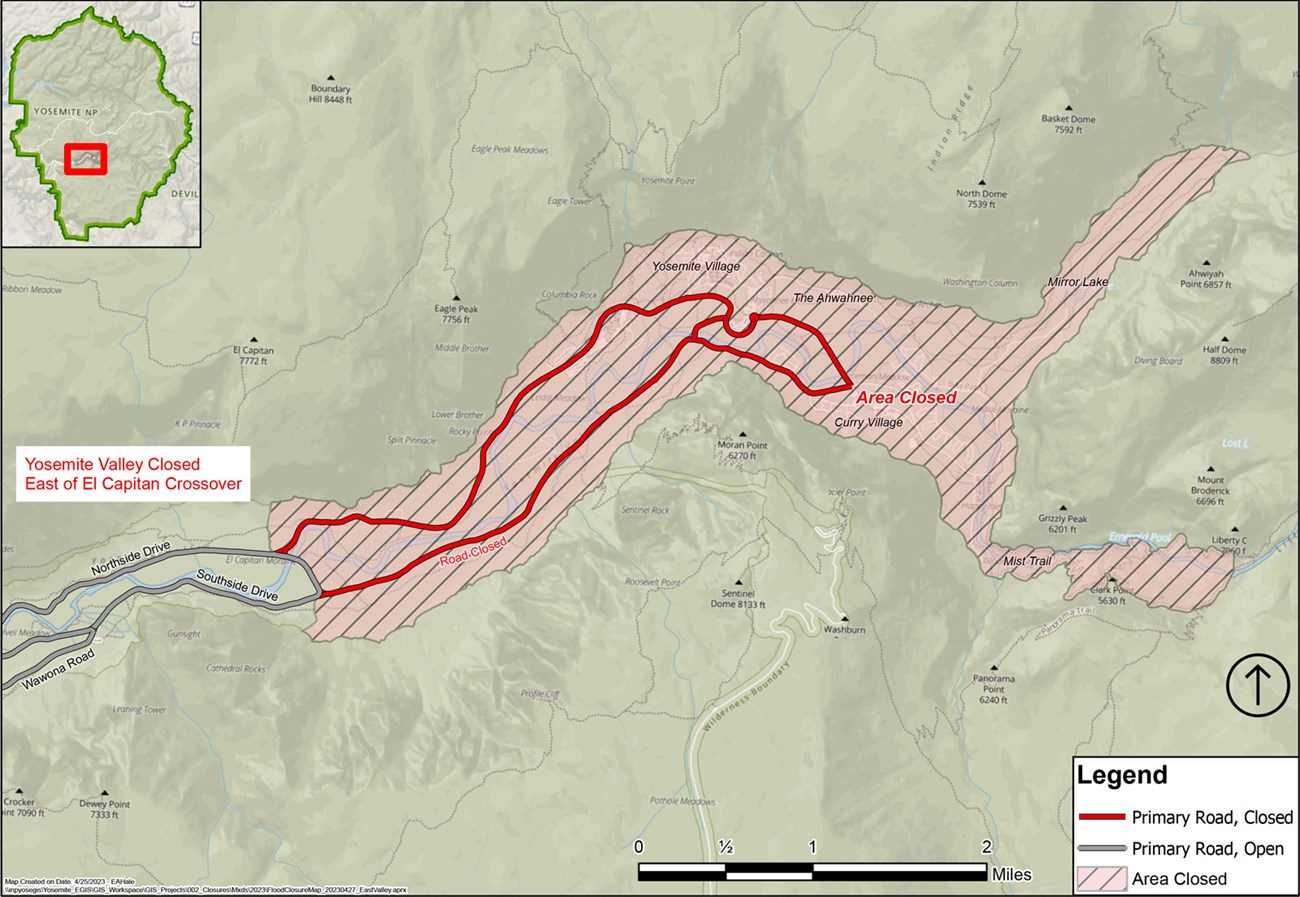 Map showing Yosemite Valley closed west of El Capitan crossover and east through Tenaya Canyon and top of Nevada Fall