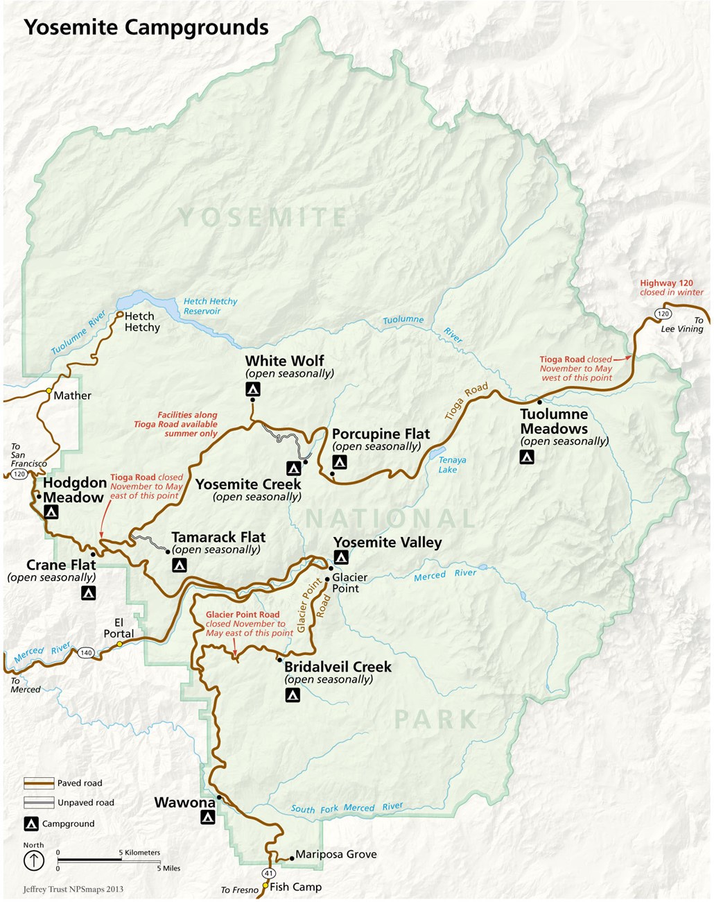 Map showing campgrounds throughout the park