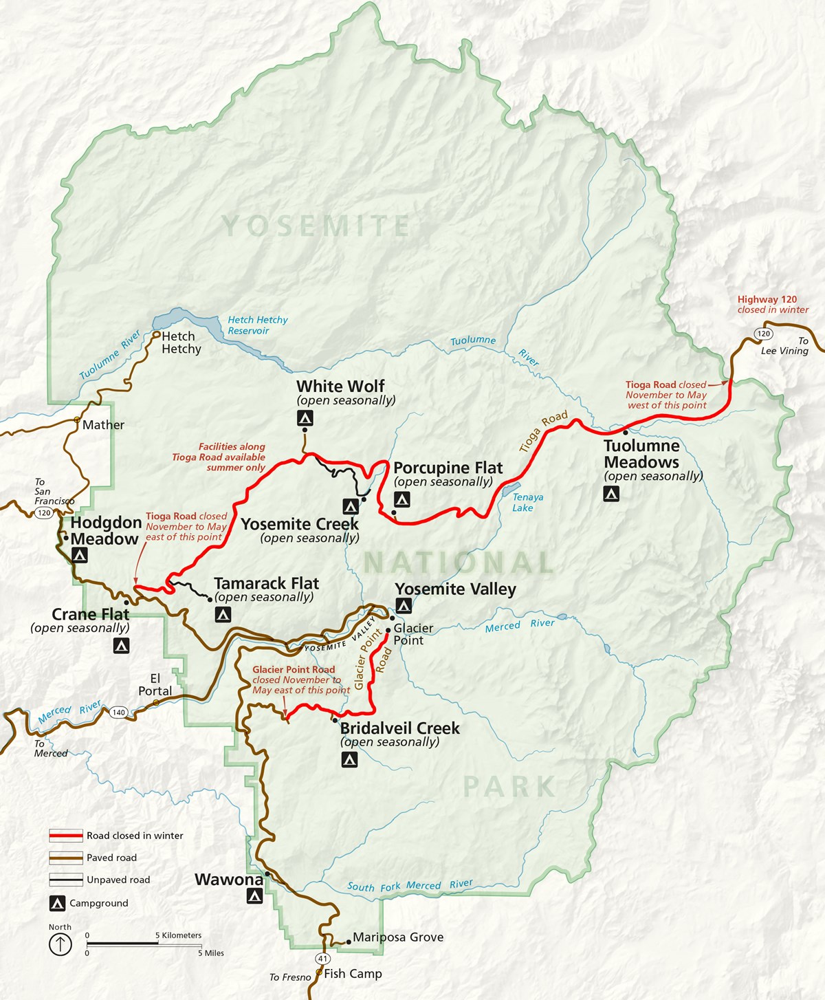 Map of the park with Glacier Point and Tioga Roads closed for winter