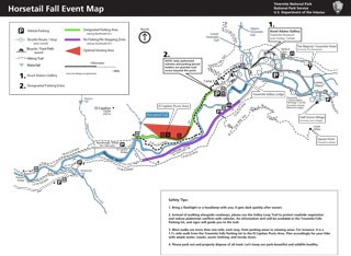 Map showing pedestrial trail from Yosemite Village to Horsetail Fall along Northside Drive 