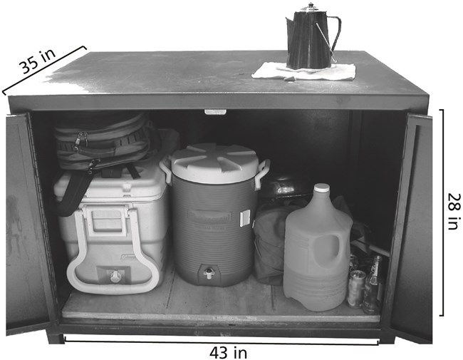 Image of a food locker showing interior dimensions of 35 inches deep, 43 inches wide, 28 inches tall