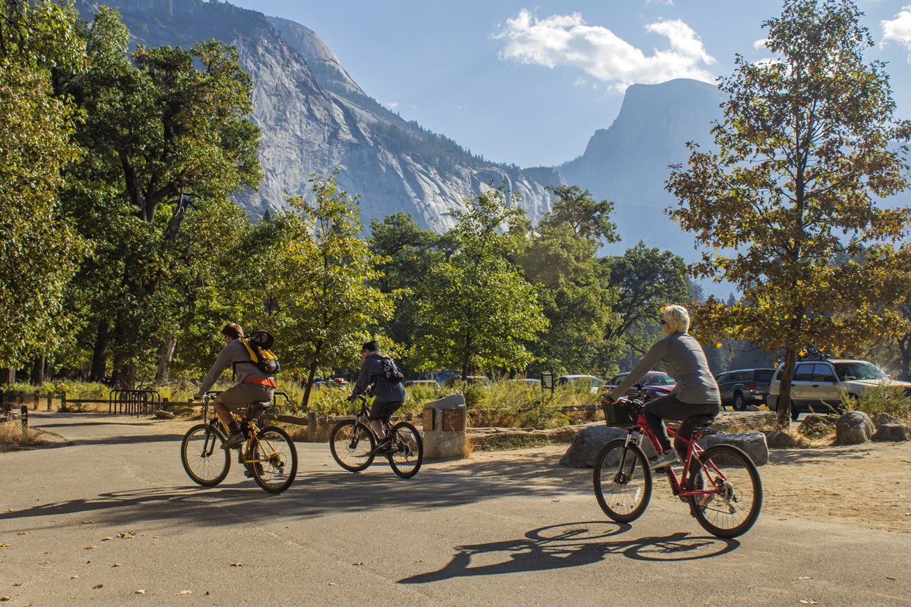 Biker's on bike path in Yosemite Valley with Half Dome in Background