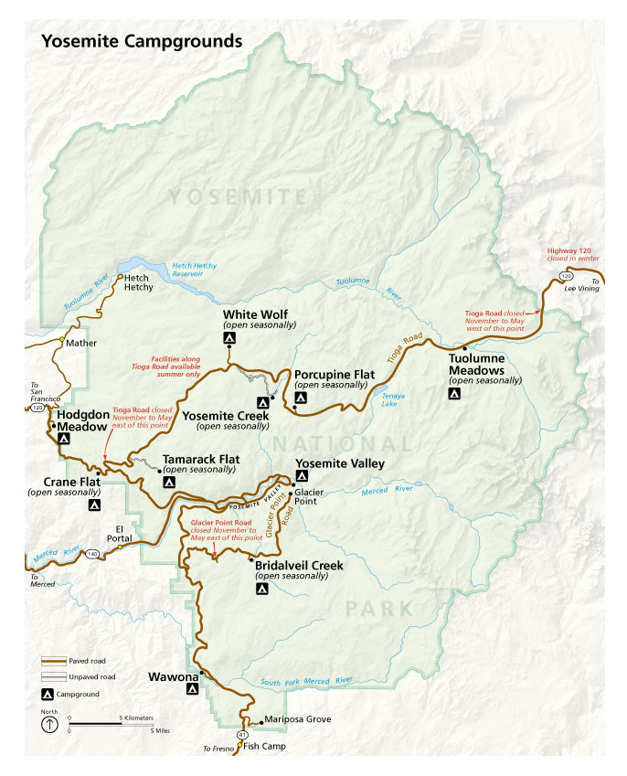 map of yosemite national park Campgrounds Yosemite National Park U S National Park Service map of yosemite national park