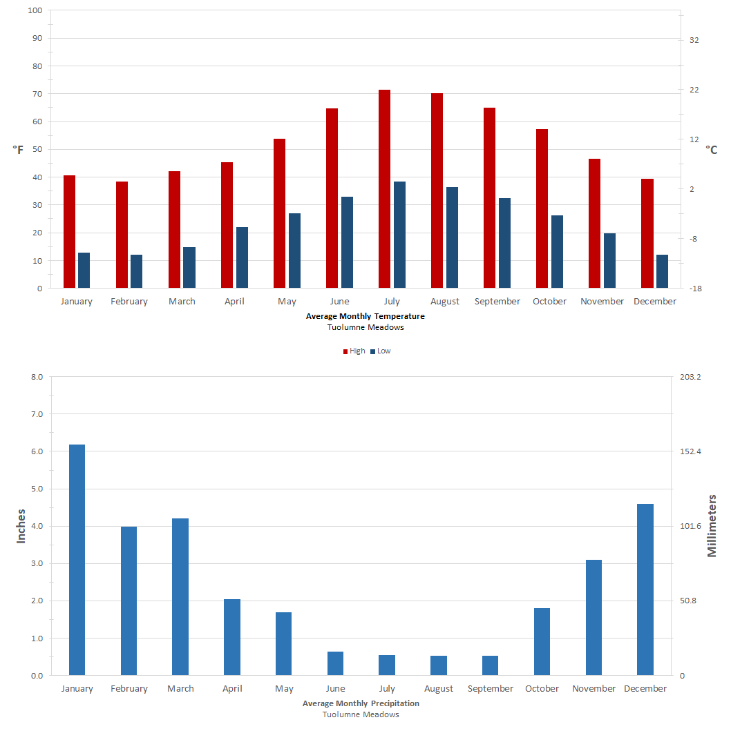 Chart showing monthly average temperatures and precipitation (as described in table above)