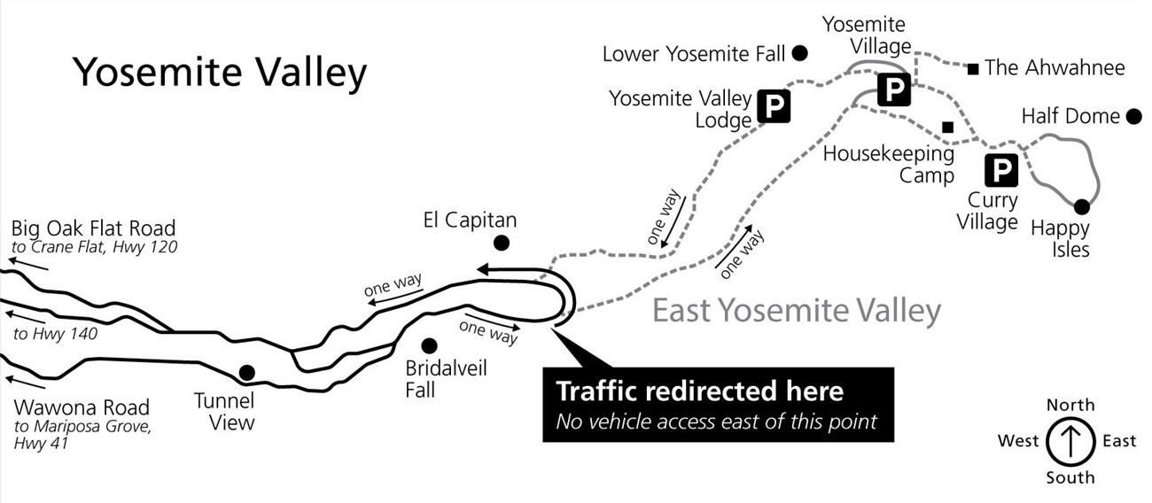 Map showing traffic being turned around in western Yosemite Valley, near El Capitan, with no access to eastern Yosemite Valley