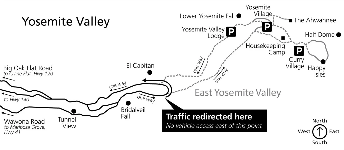 Closure of eastern Yosemite Valley Map showing traffic being turned around in western Yosemite Valley, near El Capitan, with no access to eastern Yosemite Valley