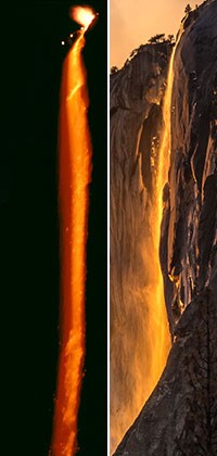 Firefall and Horsetail Fall (Archives + Fey) Embers pour over a cliff (left) while a waterfall is illuminated by sunset color (right)