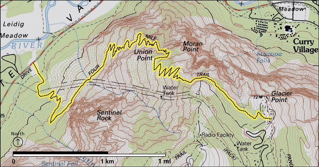 Four Mile Trail map Map showing the Four Mile Trail as it switchbacks repeatedly up to Glacier Point, gaining about 3,200 feet