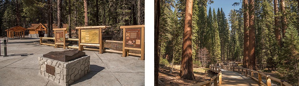 Left photo shows the new Mariposa Grove Welcome Plaza and signs, the right photo shows a new trail and boardwalk in the Grove.