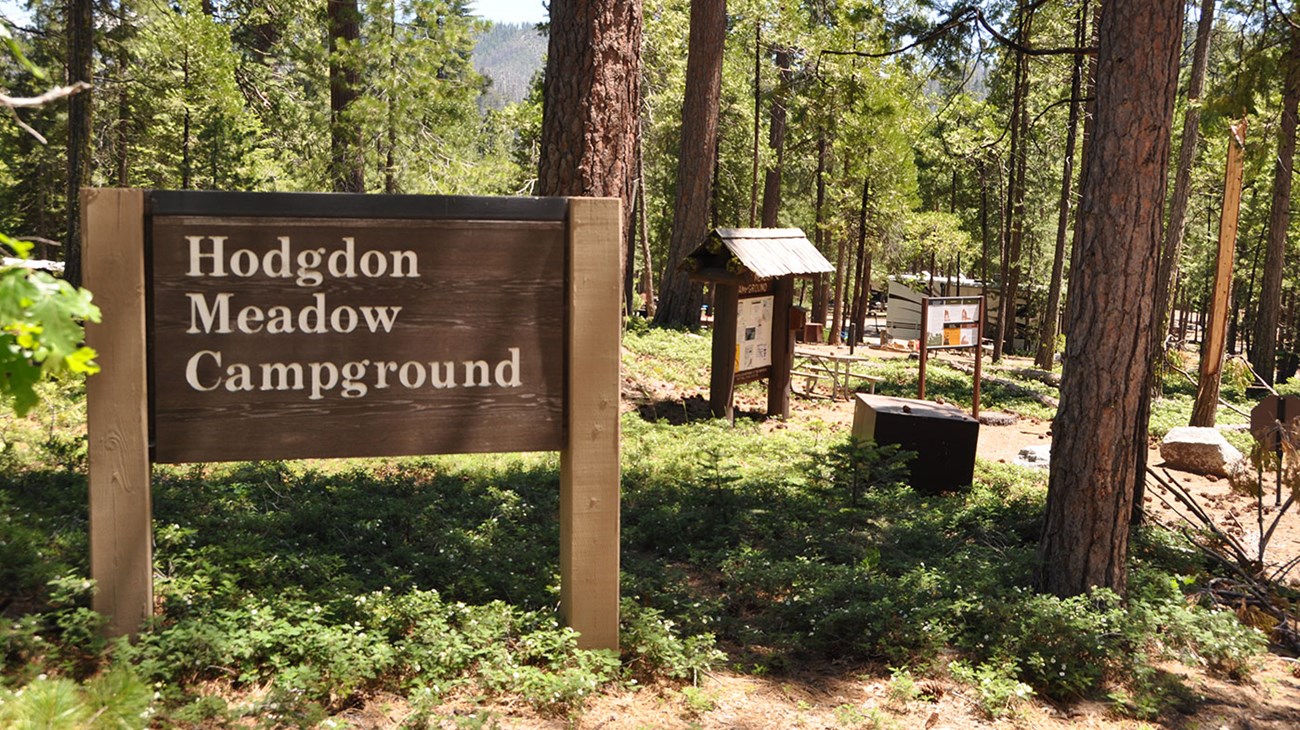 Wooden entrance sign to Hodgdon Meadow Campground