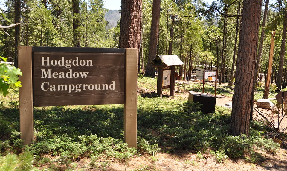 Wooden entrance sign to Hodgdon Meadow Campground