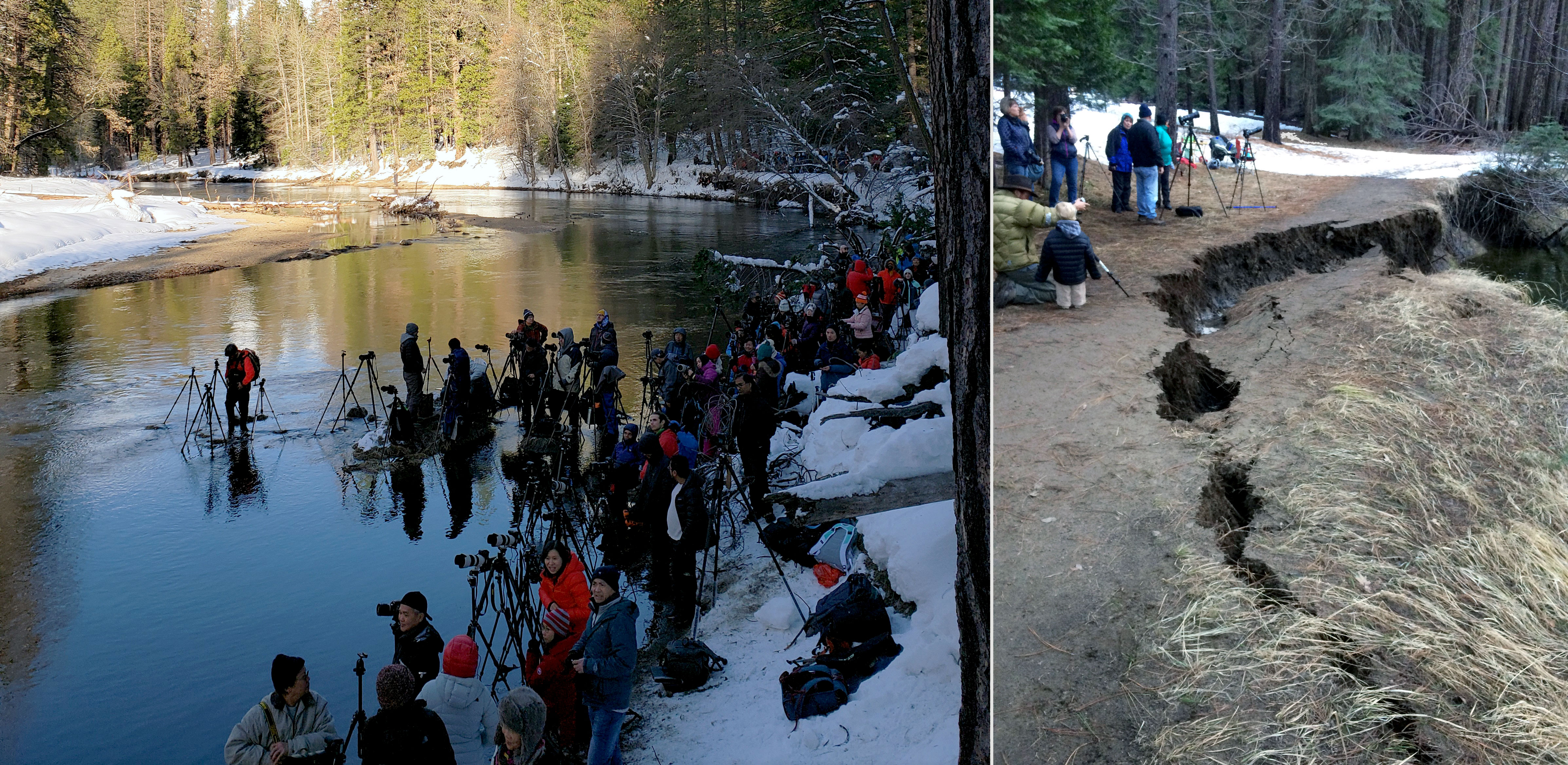 Photo on left shows people with tripods standing in river; photo on right shows a riverbank detaching and beginning to fall into the river
