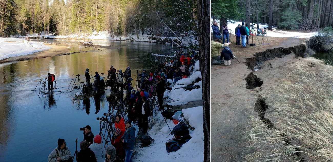 River impacts Photo on left shows people with tripods standing in river; photo on right shows a riverbank detaching and beginning to fall into the river