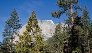 The view from Little Yosemite Valley includes the back side of Half Dome.