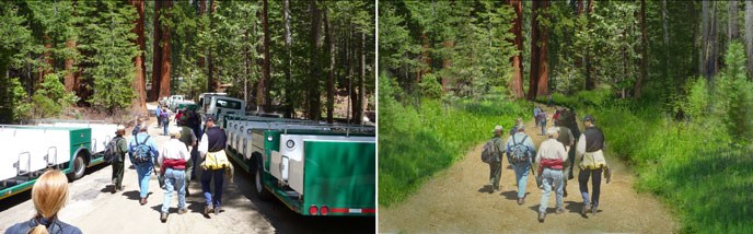 Two photos. Left: People walking next to parked trams on paved road. Right: people walking on wide, unpaved trail through well vegetated area. Two photos. Left: People walking next to parked trams on paved road. Right: people walking on wide, unpaved trail through well vegetated area.