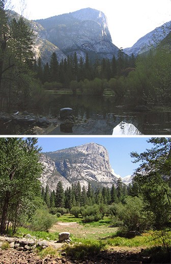 Mirror Lake in April (top) and August (bottom)