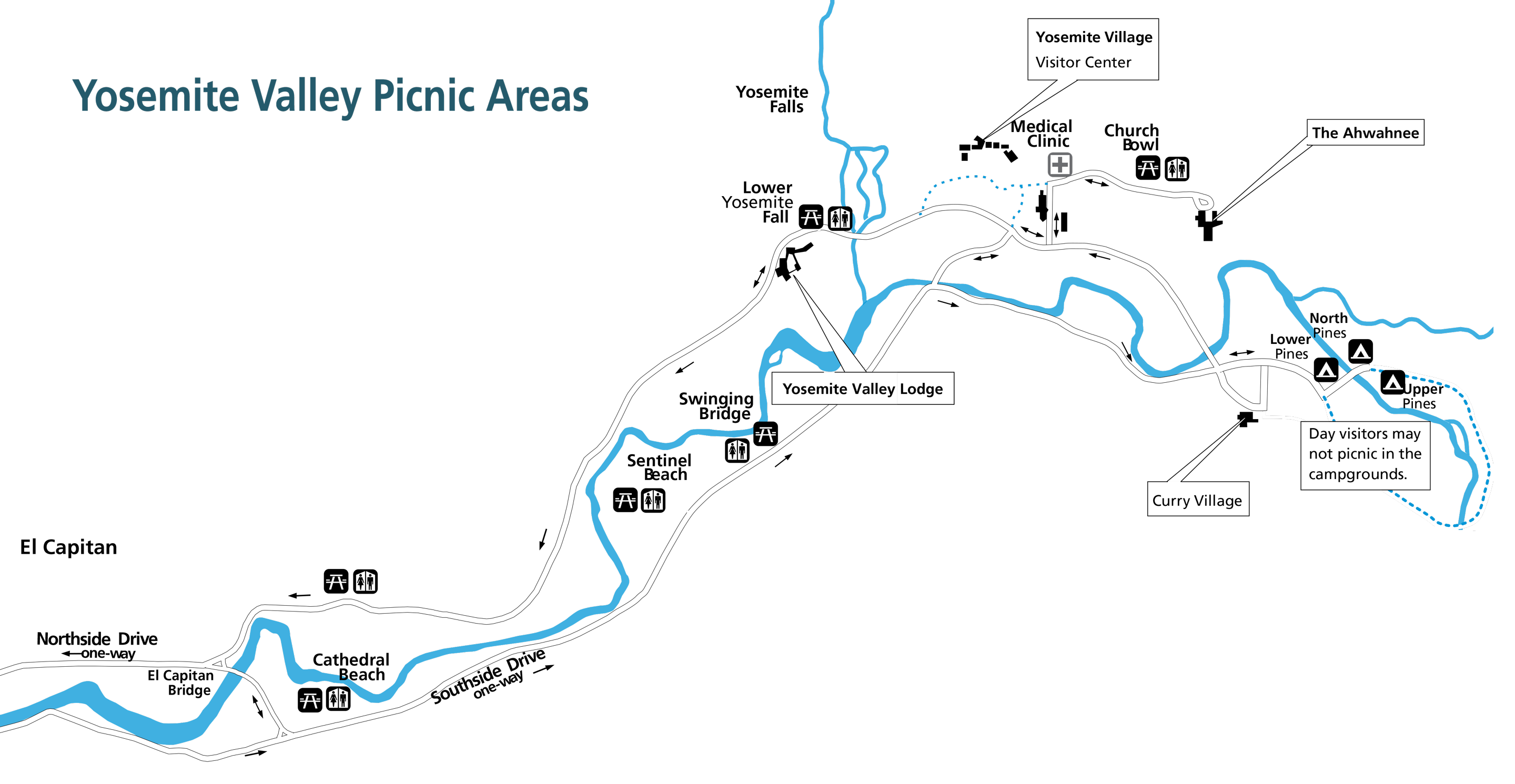 Map showing picnic aras at El Capitan, Cathedral Beach, Sentinel Beach, Swinging Bridge, Lower Yosemite Fall, and Church Bowl