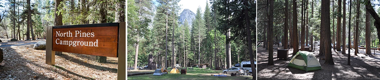 Campsite in Upper Pines with tent, sites in Lower Pines with tents, and entrance sign to North Pines Campsite in Upper Pines with tent, sites in Lower Pines with tents, and entrance sign to North Pines