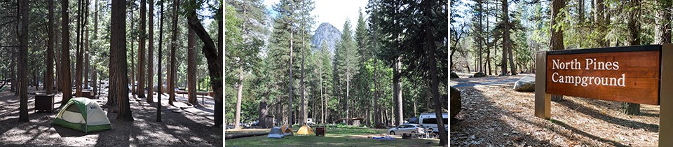 Campsite in Upper Pines with tent, sites in Lower Pines with tents, and entrance sign to North Pines