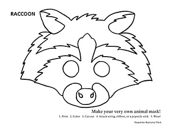 A black and white line drawing of a raccoon mask