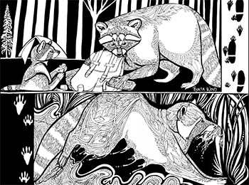 Detailed coloring page of two raccoons; one eating human food and one eating a frog.