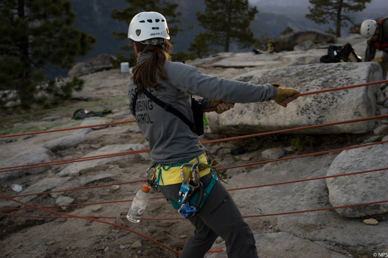 Climbing ranger geared up for technical rescue for someone on the nose route of El Cap