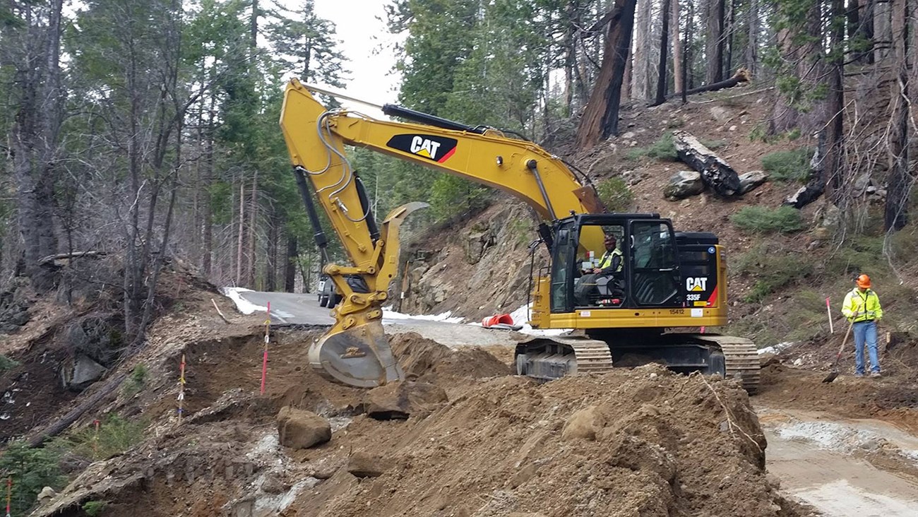 Heavy equipment along Big Oak Flat Road during Re-construction in March 2017
