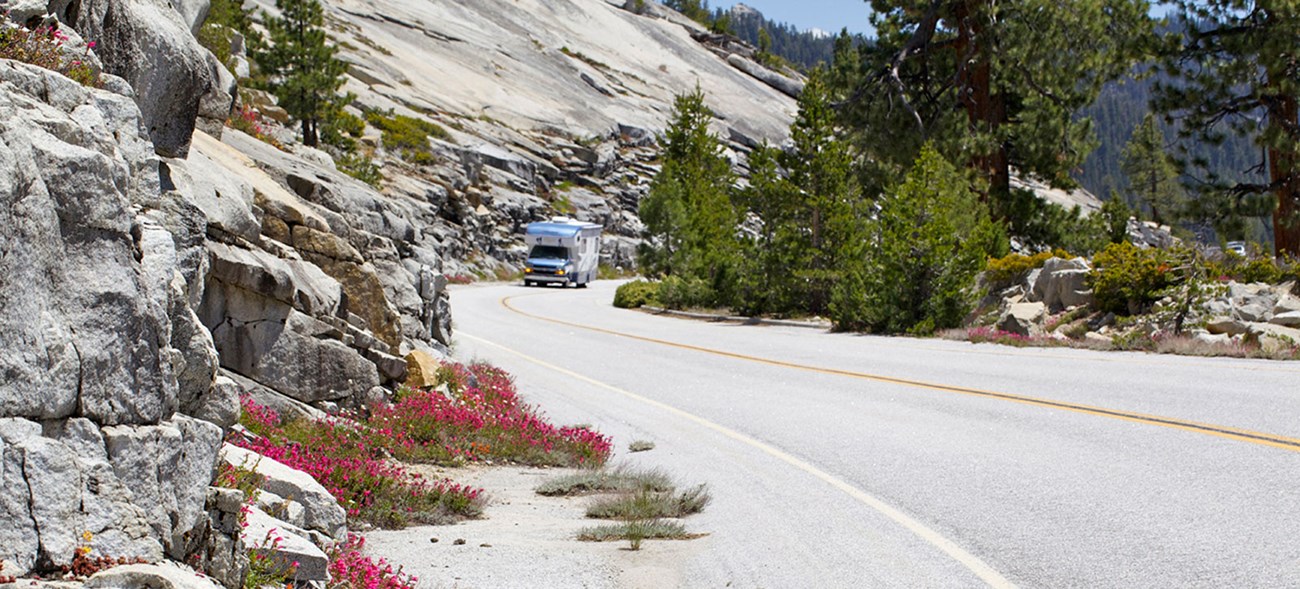 RV traveling along Tioga Road