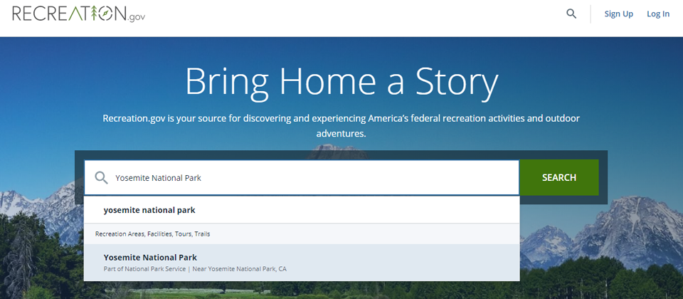 Search window on recreation.gov