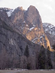 Sentinel Rock with alpenglow and snow