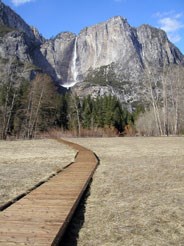 Waterfall seen from a meadow boardwalk. 